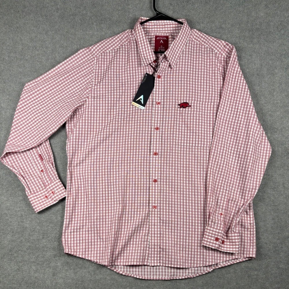 Antigua Arkansas Razorbacks Button Down Gingham Shirt XL Red White